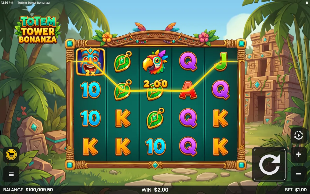 Totem Tower Bonanza: a blue Wild Totem on reel one starts a short line of three Leaf Amulets