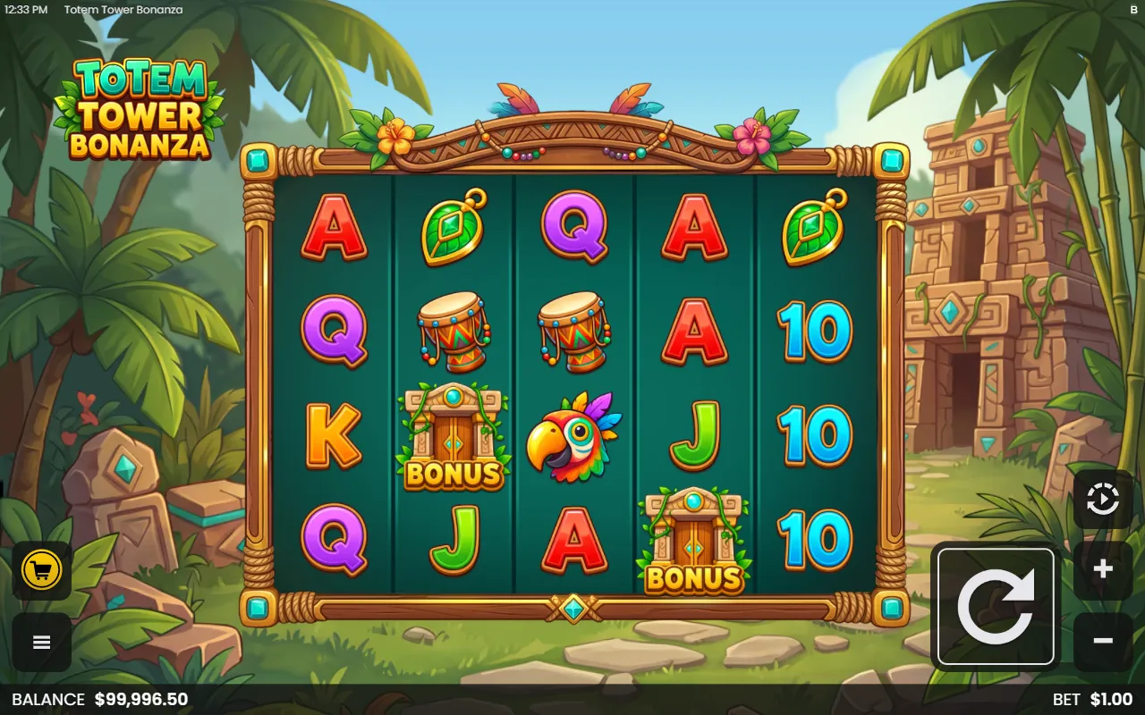 Totem Tower Bonanza base game with two Super Bonus symbols on reels two and four