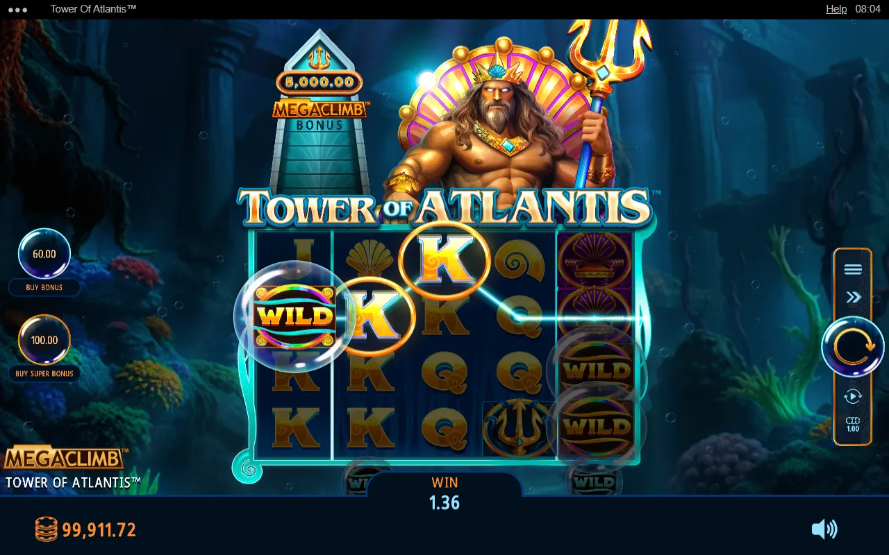 Tower of Atlantis wild bubble on reel one joining K symbols on 17 lines for 1.36x
