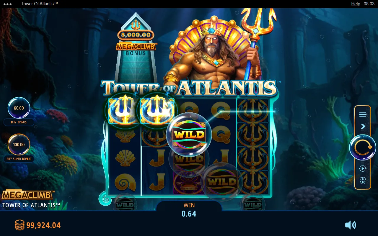 Tower of Atlantis win of 0.64x from three tridents on four lines through a wild bubble on reel three