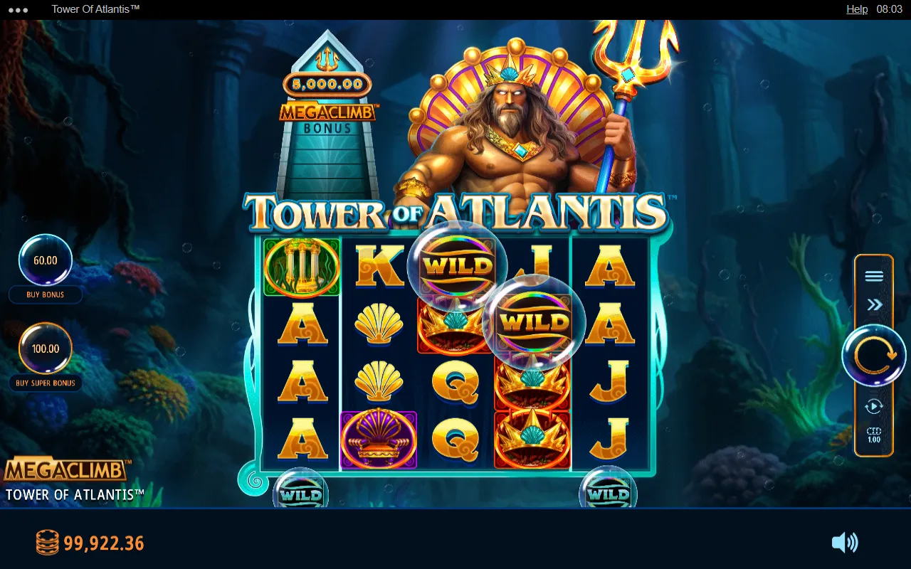 Tower of Atlantis base game with two wild bubbles on reels three and four and two more waiting under the grid