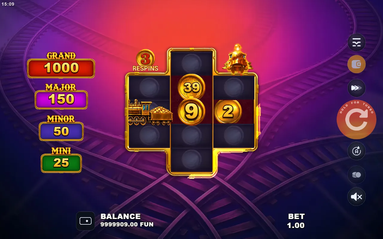 Train of Fortune Respins Bonus with two BOOST collectors stacked on the five-row middle reel