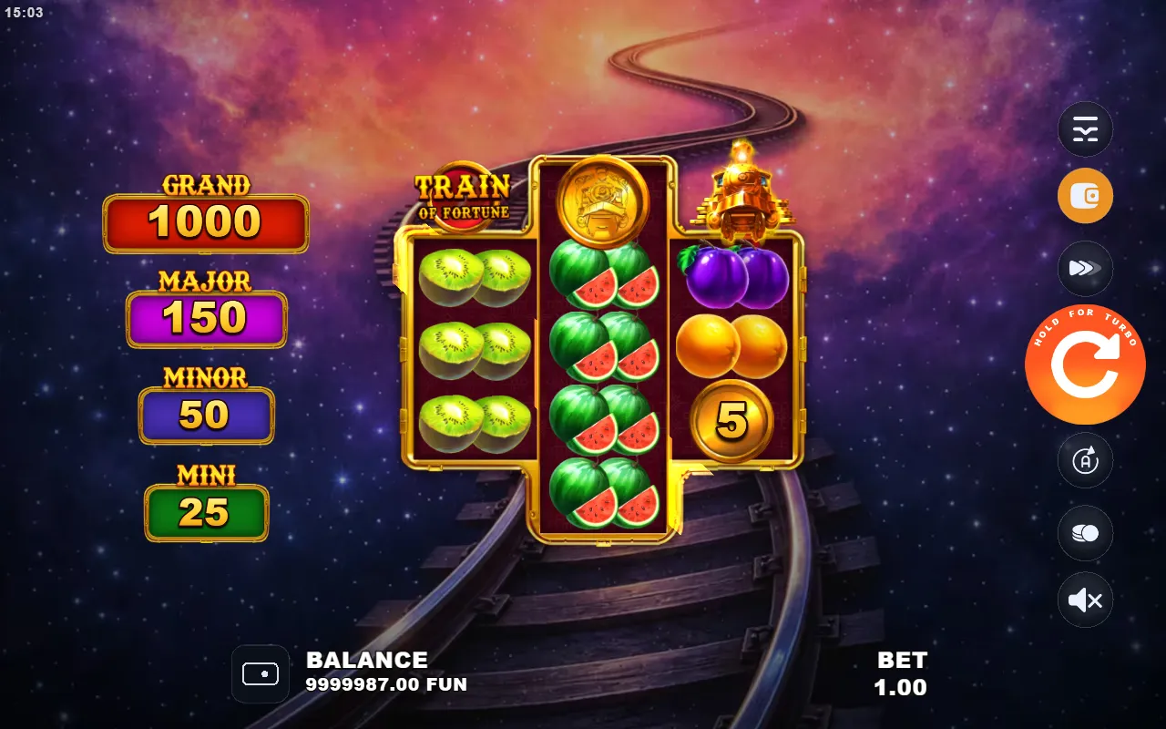 Train of Fortune base spin with a BOOST on the middle reel and a Bonus coin on reel 3 but nothing on reel 1