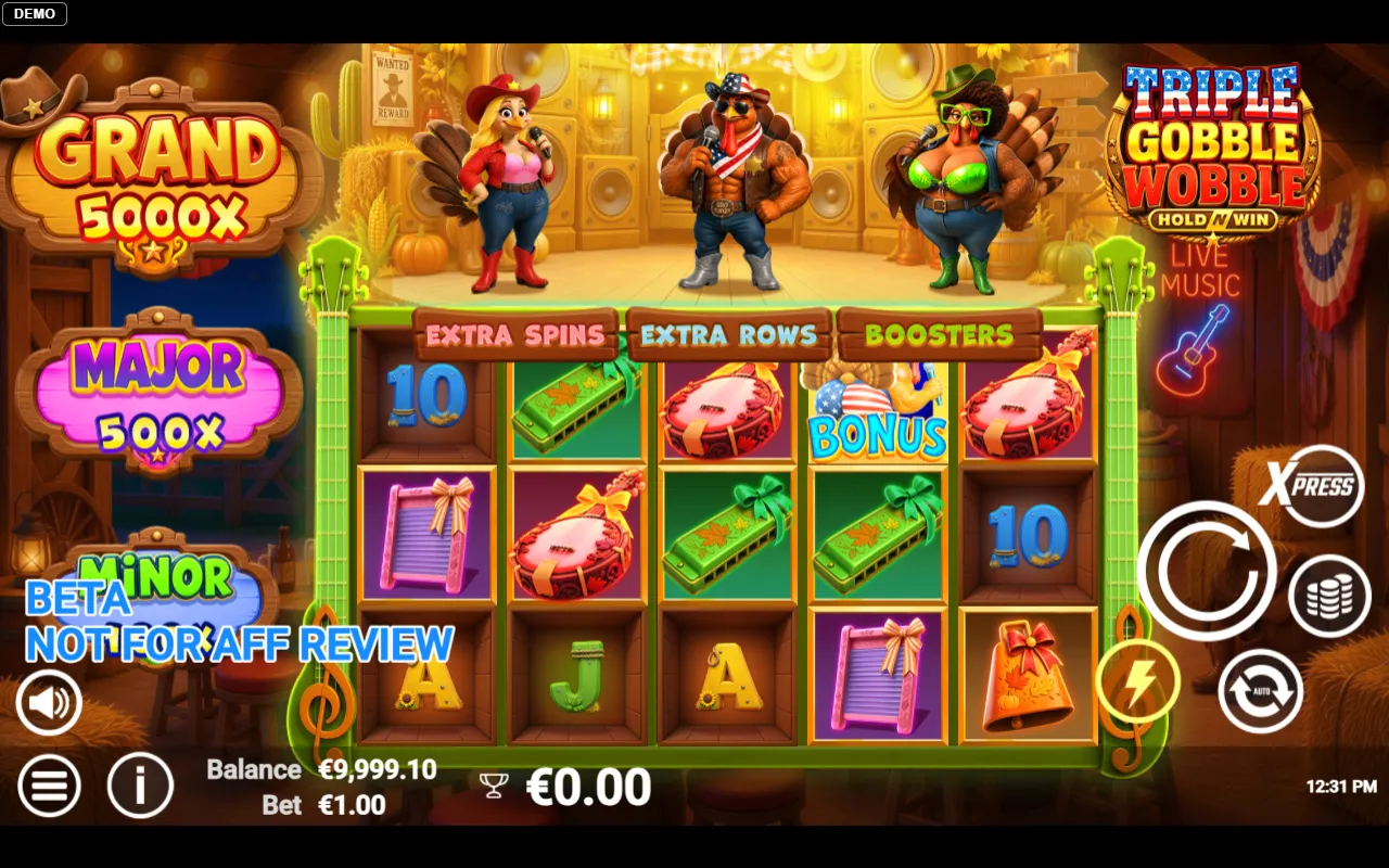 A blue BONUS turkey symbol landing at the top of reel 4 in Triple Gobble Wobble