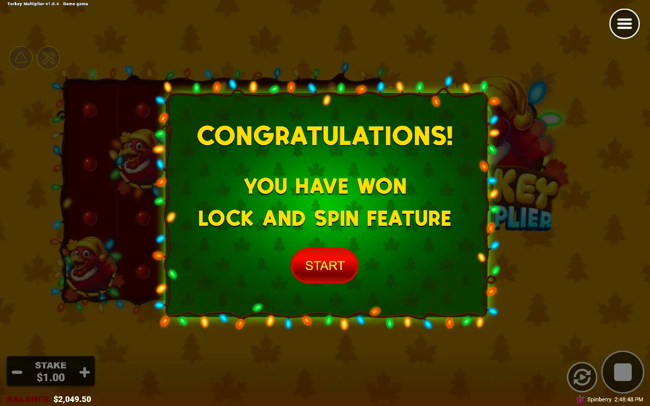 Turkey Multiplier Lock and Spin intro card with a START button