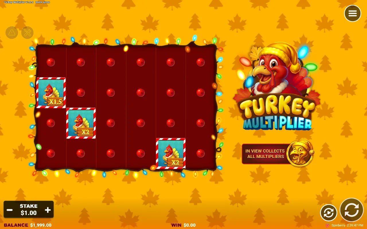 Turkey Multiplier 6x4 board with three small turkeys and no Collection coin