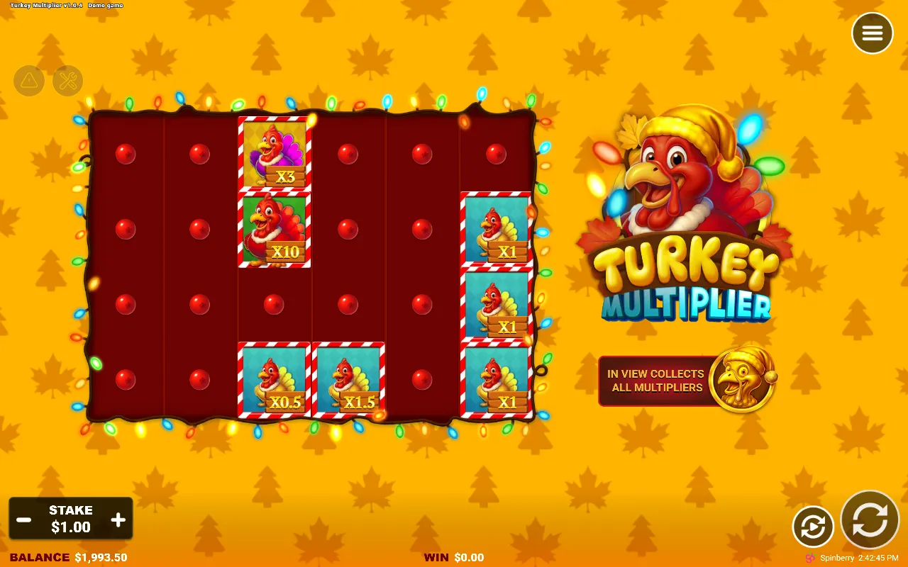 Turkey Multiplier board with seven turkeys including a x10, and no Collection coin in view