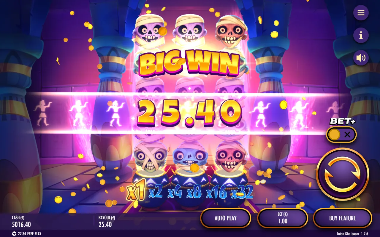 Big Win banner over the Tutan Kha-boom reels after a base game avalanche chain on low mummies