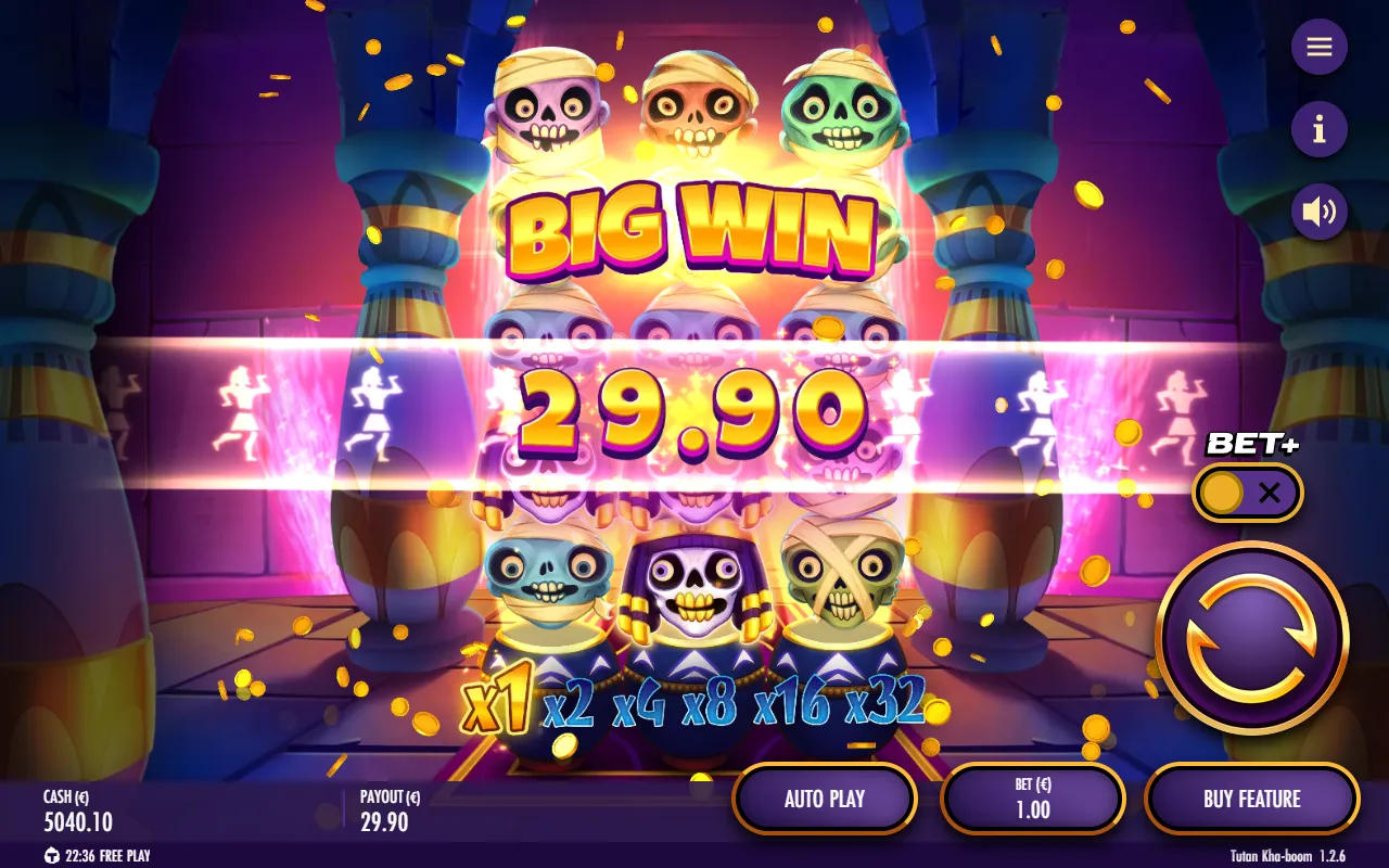 Big Win banner in Tutan Kha-boom after Pharaoh ways and avalanches ran the multiplier to the top of the base ladder
