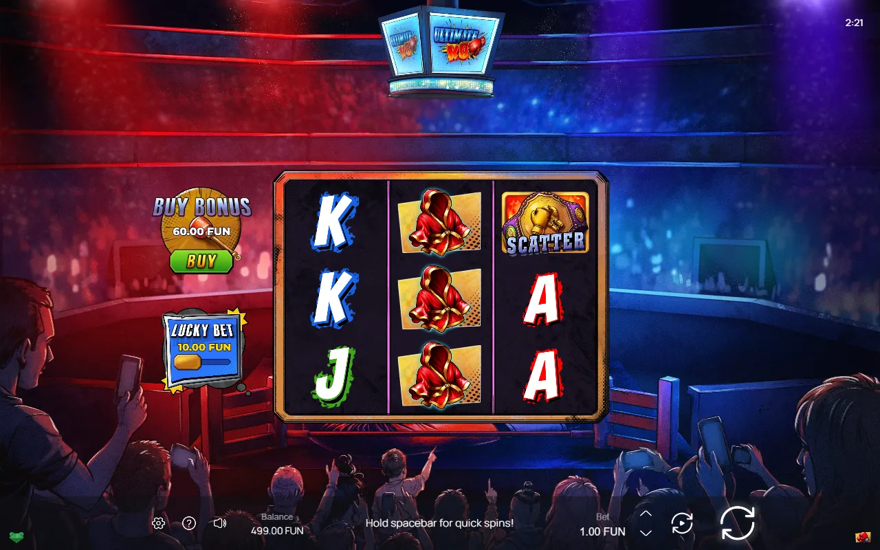 Ultimate KO base game with a full reel of red robes and a scatter, no win