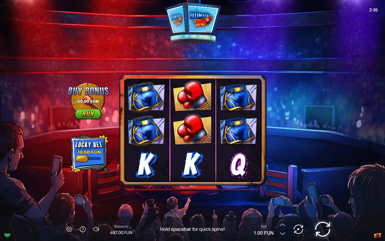 Ultimate KO base game with blue shorts on the outer reels and gloves in the middle