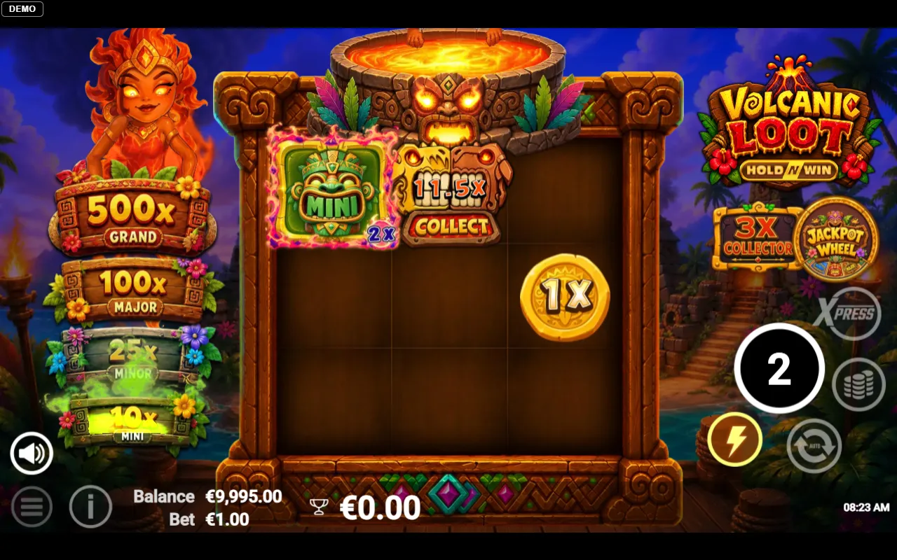 Volcanic Loot Hold and Win grid with a Mini jackpot symbol sitting on a multiplier cell next to the collector