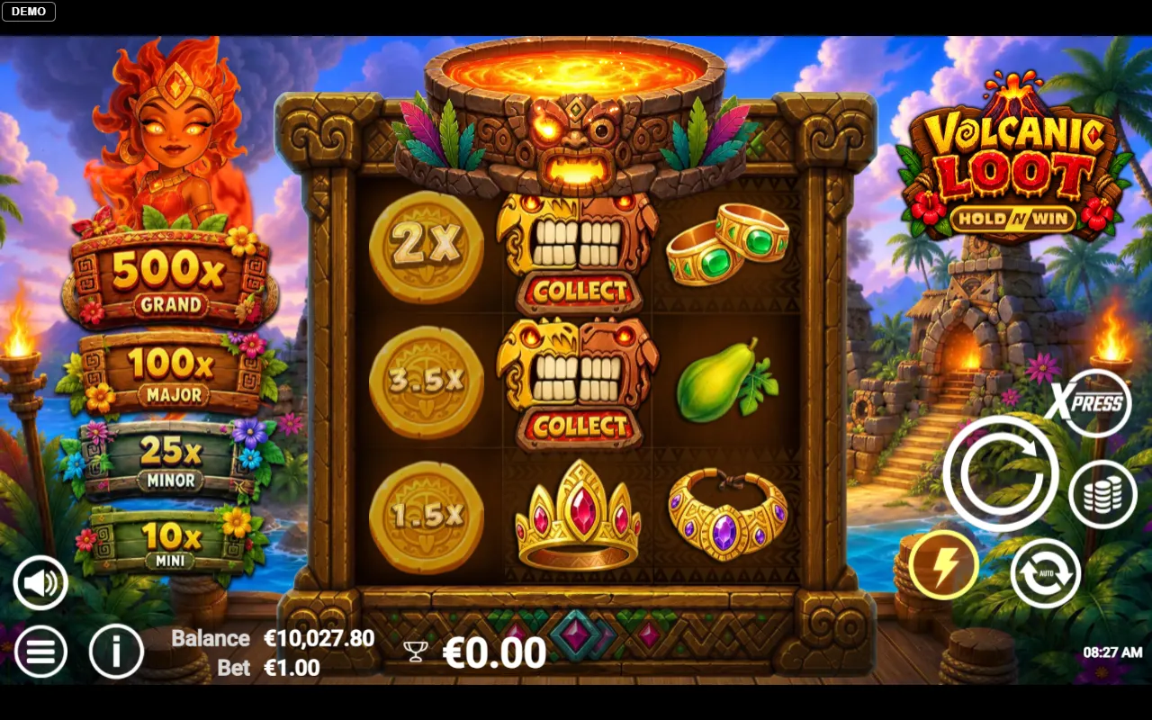 Volcanic Loot board with three coins on the first reel, two collectors on the middle reel and no coin on the third reel