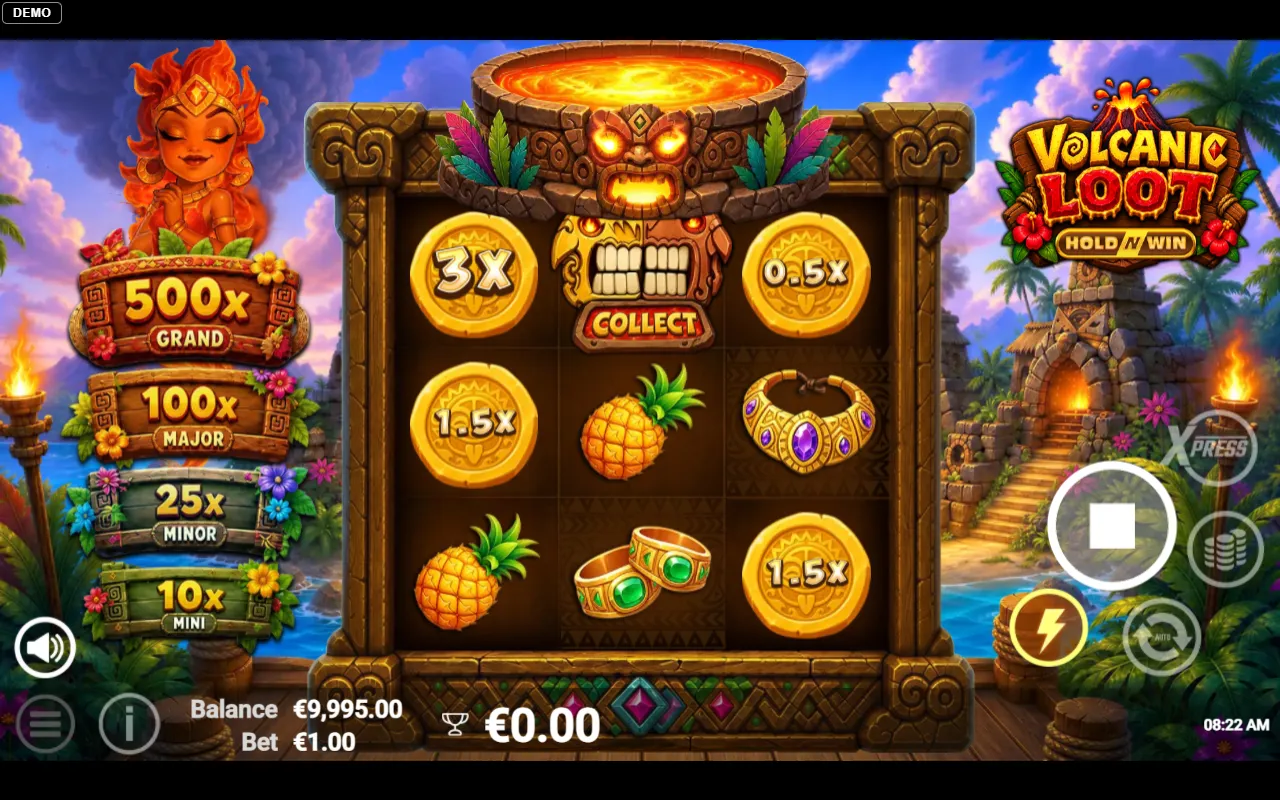 Volcanic Loot trigger board with coins on the first and third reels and a tiki collector on the middle reel