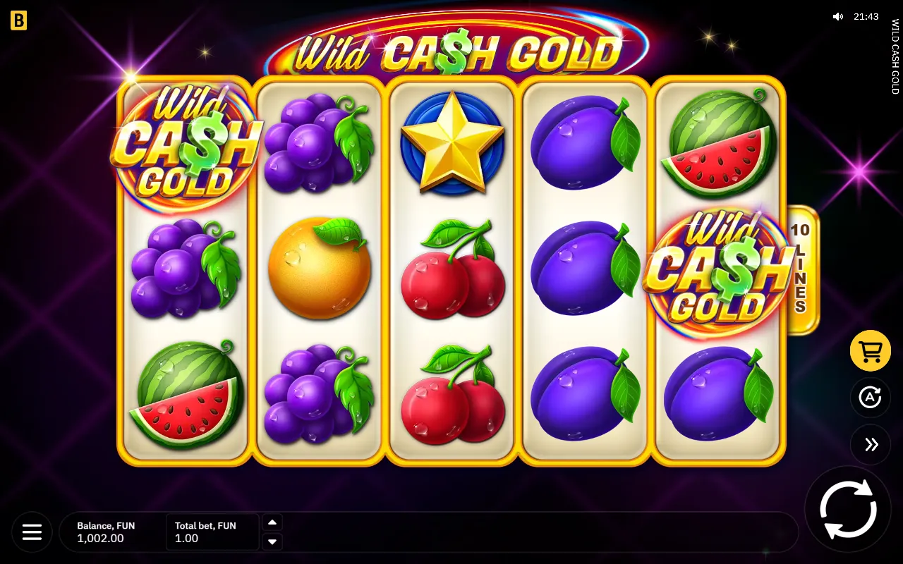 Wild Cash Gold base board with scatters on reels 1 and 5 and a star on reel 3
