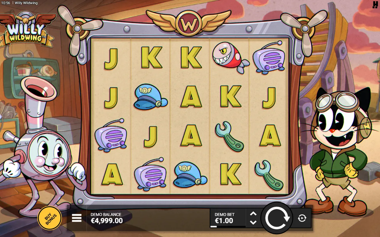 A Willy Wildwing base game spin with no win, no scatter and no Airplane on the 5x4 hangar reels