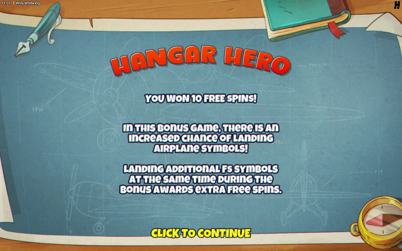 The Hangar Hero intro card announcing 10 free spins with an increased chance of Airplane symbols