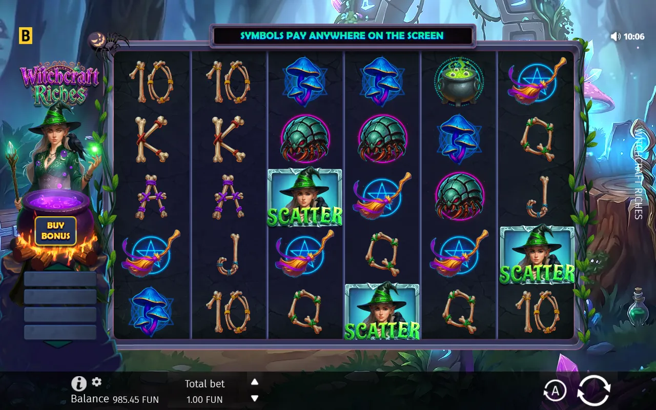 Witchcraft Riches base game board showing three witch scatter symbols, one short of free spins