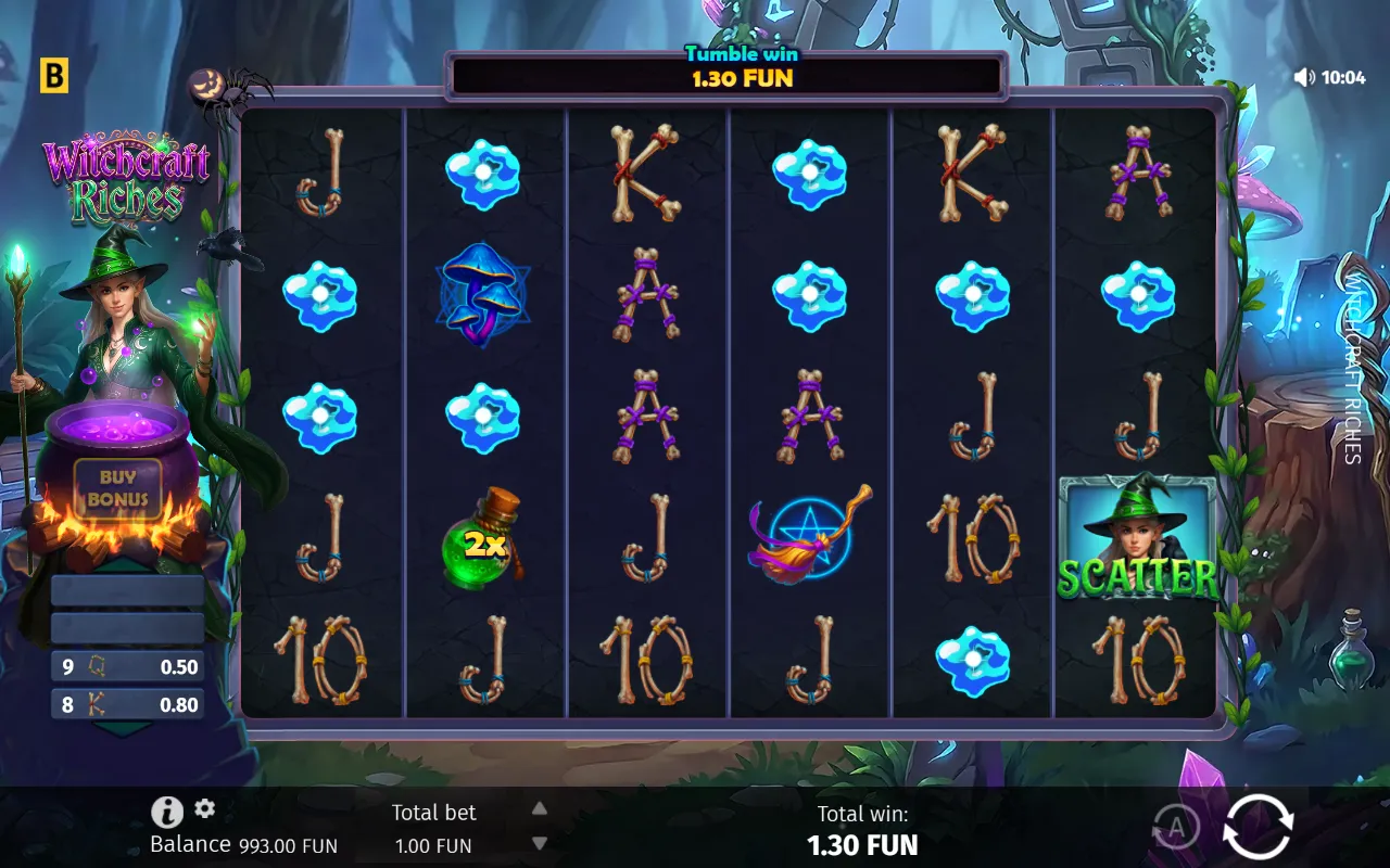 Witchcraft Riches tumble win with a green 2x potion bottle on the second reel