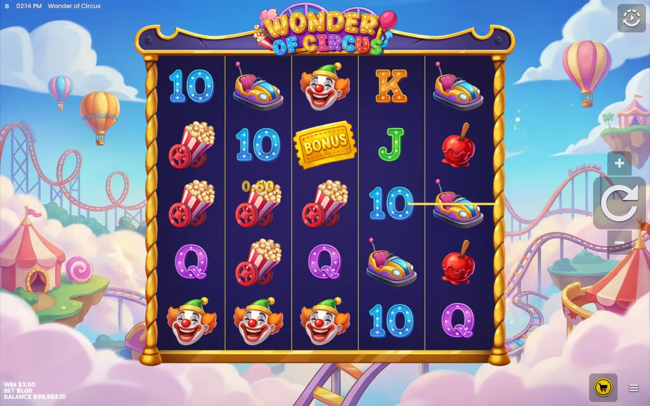 Wonder of Circus base game spin paying three lines at once