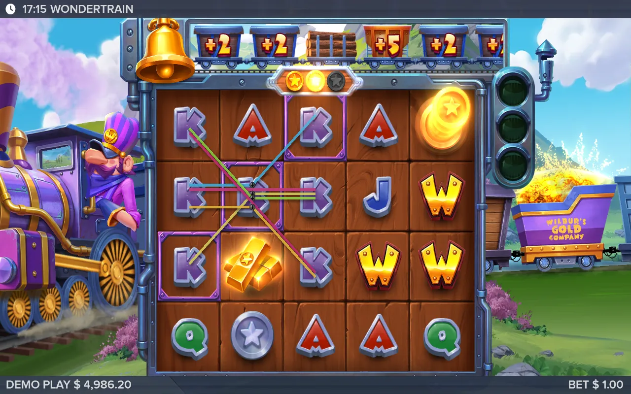 Wondertrain K lines through Wilds across the board, two of three stars lit on the coin meter and a coin flying to the cart