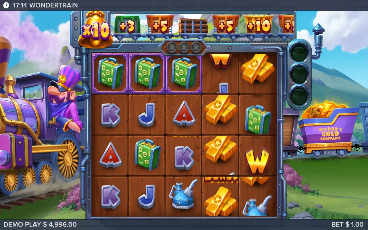 Wondertrain respin with three suitcases locked in the top row while the Global Multiplier Bell climbs