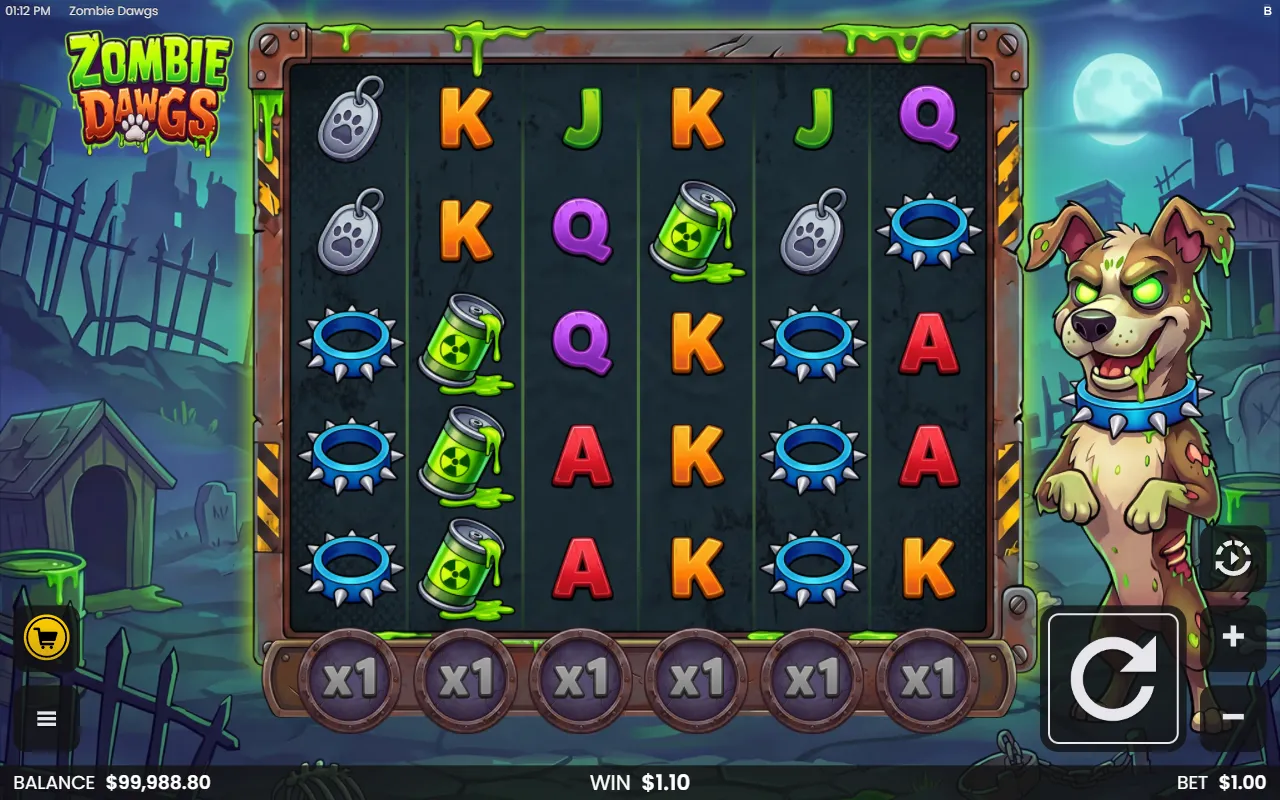 Zombie Dawgs base game board with eight steaks and eight 10s paying under six x1 discs