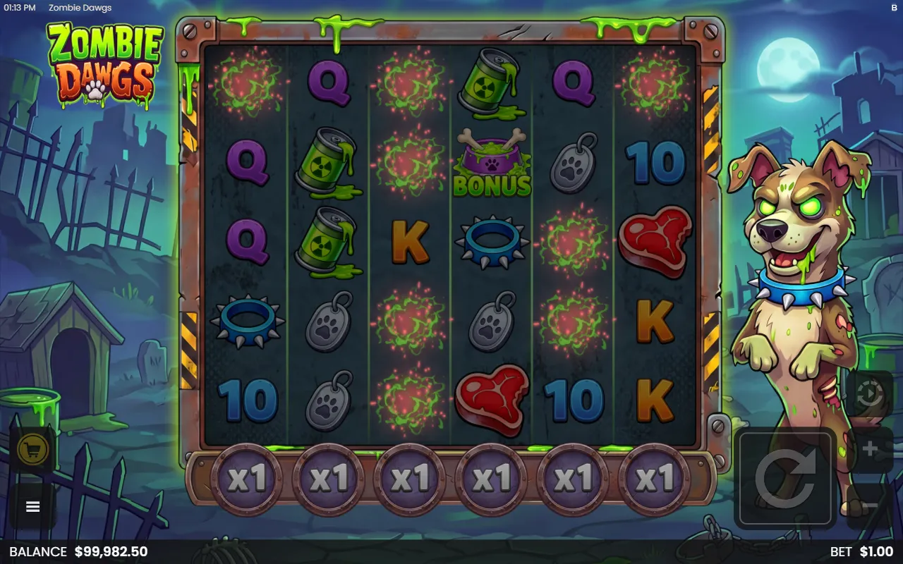 Zombie Dawgs tumble clearing symbols with a dog bowl Bonus symbol left on the board