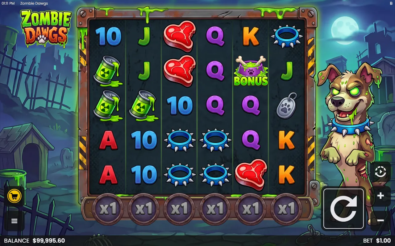 A single dog bowl Bonus symbol on the Zombie Dawgs reels in the base game
